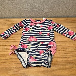 Ruffle Butts Girls Navy Blue Striped‎ Floral Swimsuit Size 12-18 Months